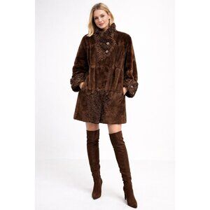 Vintage Natural Sheared Mink & Afghan Karakul Fur Coat Brown Swing Luxury Women